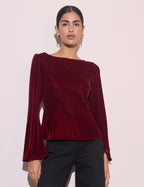 Burgundy Fluted Sleeve Velvet Eva Top