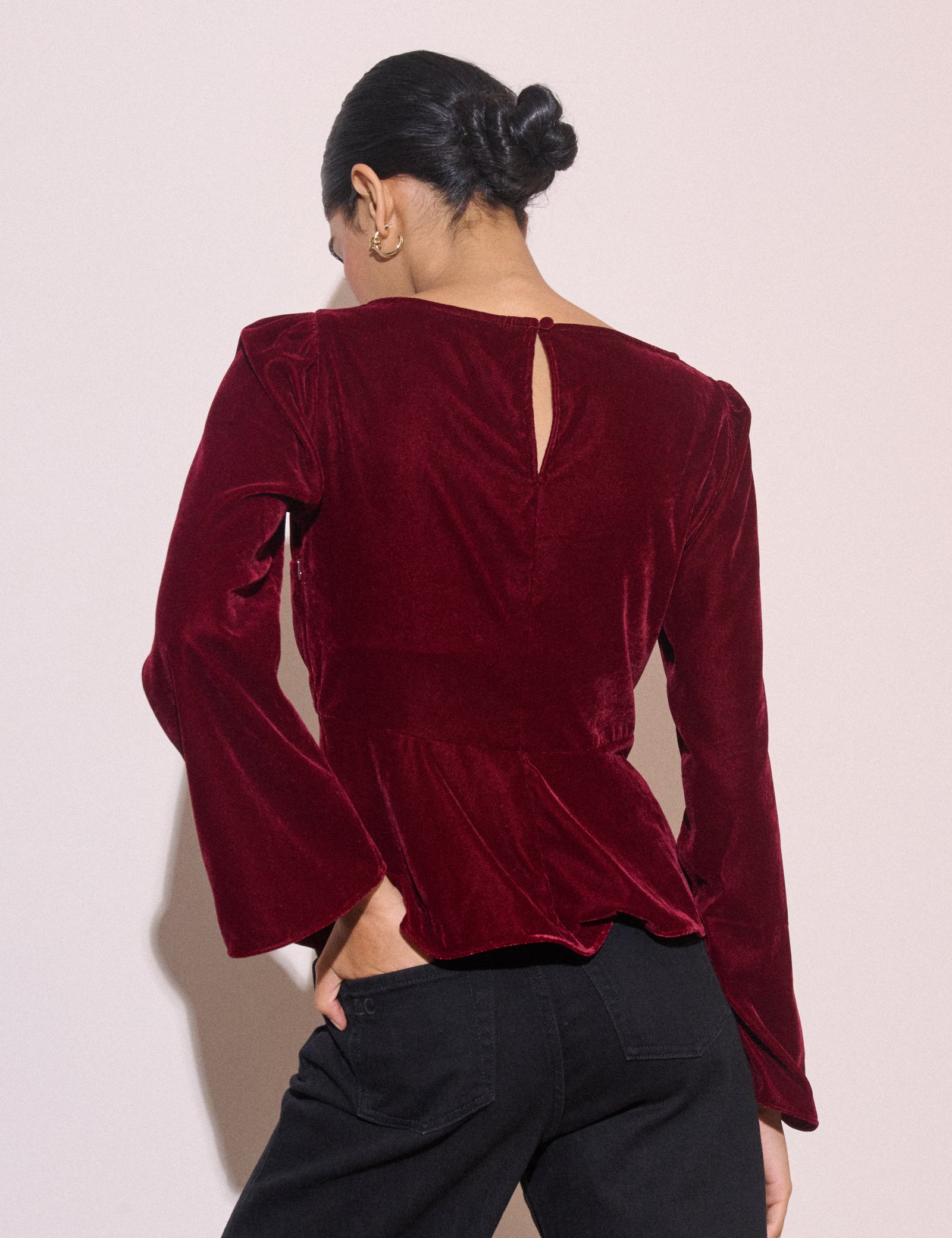 Burgundy Fluted Sleeve Velvet Eva Top