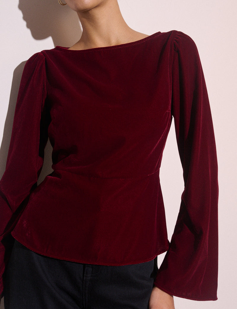 Burgundy Fluted Sleeve Velvet Eva Top