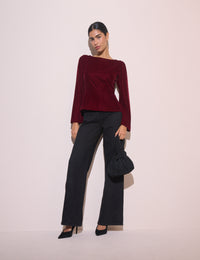 Burgundy Fluted Sleeve Velvet Eva Top
