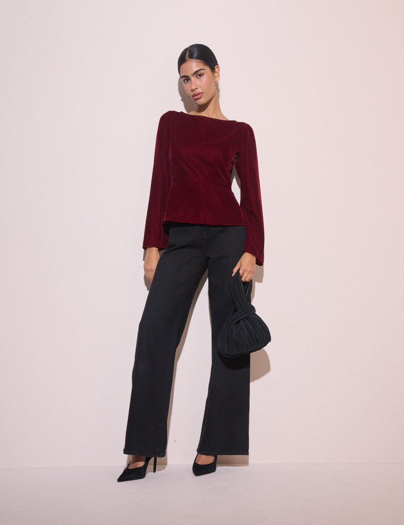 Burgundy Fluted Sleeve Velvet Eva Top
