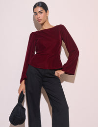 Burgundy Fluted Sleeve Velvet Eva Top