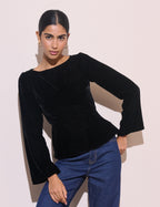 Black Fluted Sleeve Velvet Eva Top