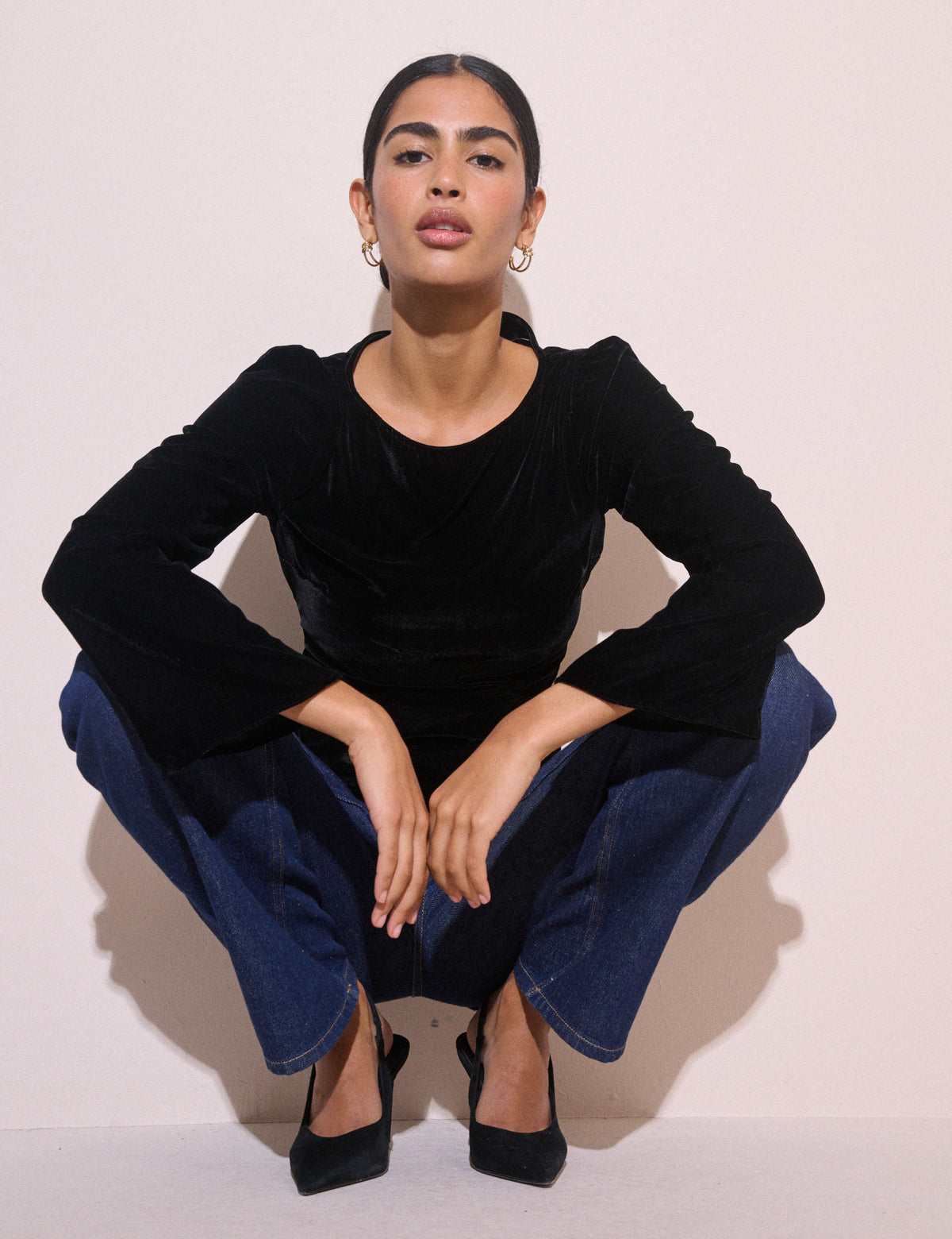 Black Fluted Sleeve Velvet Eva Top