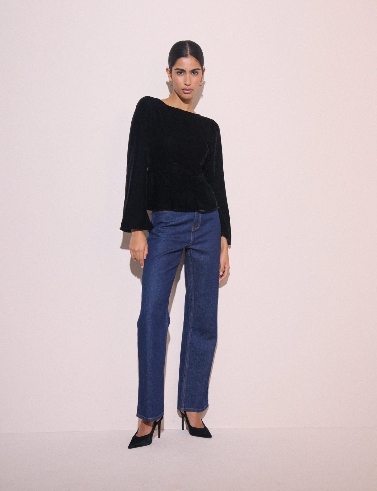Black Fluted Sleeve Velvet Eva Top