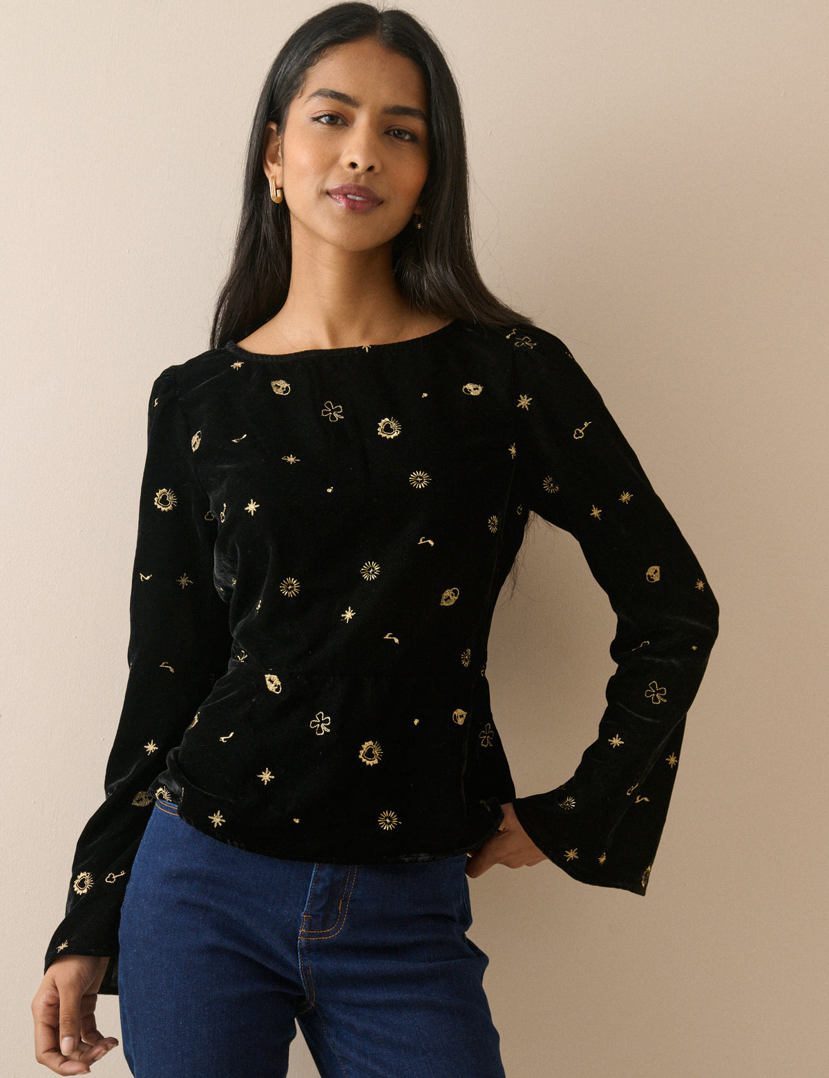 Black Celestial Embroidered Velvet Top