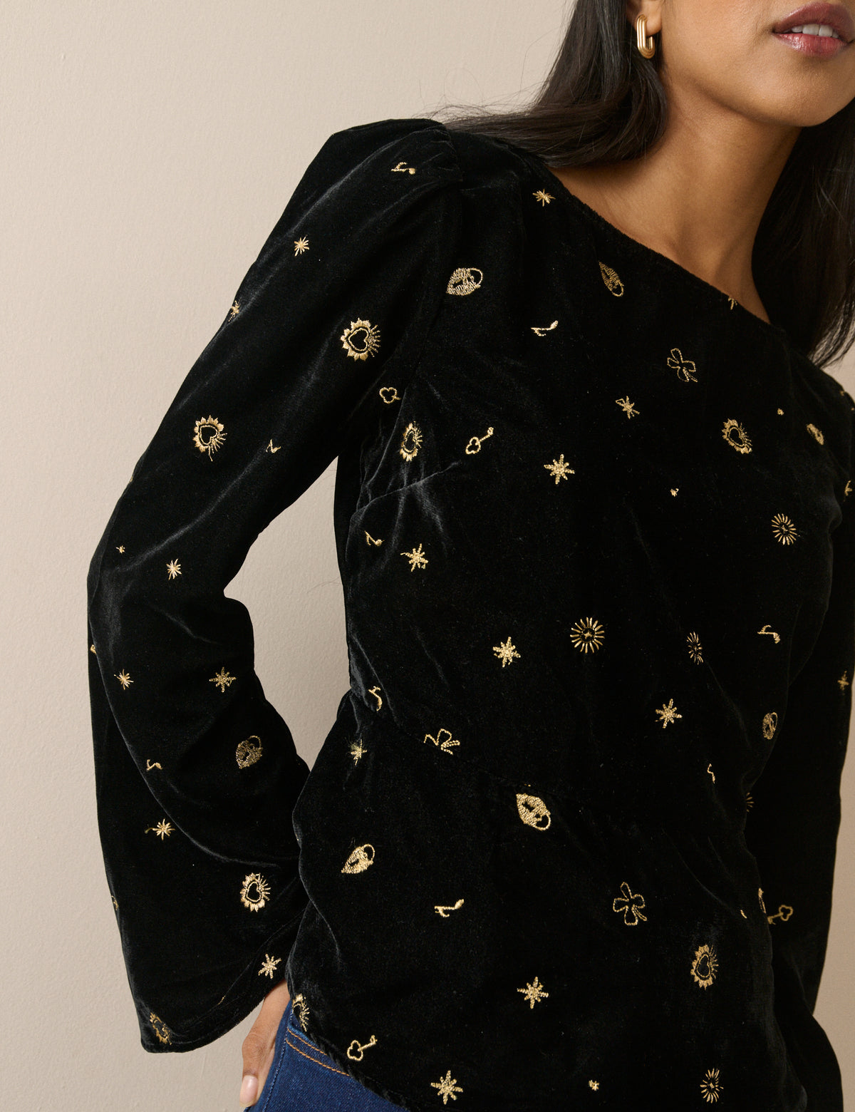 Black Celestial Embroidered Velvet Top