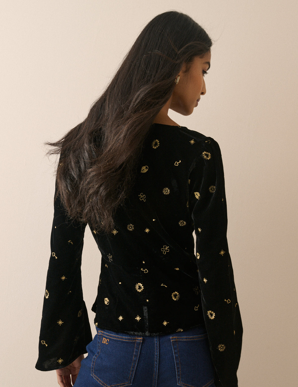 Black Celestial Embroidered Velvet Top