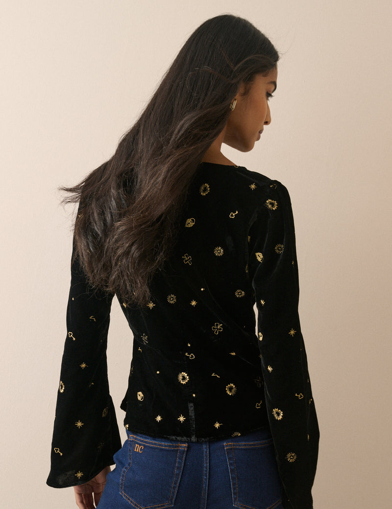 Black Celestial Embroidered Velvet Top