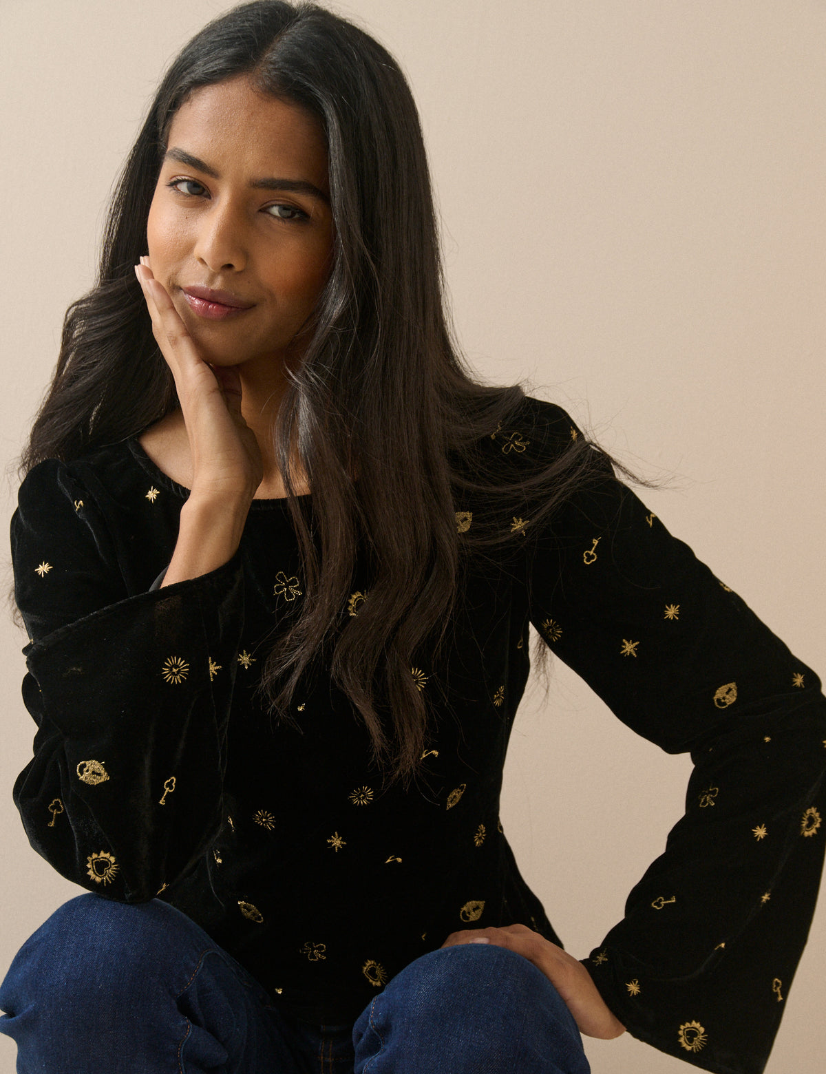 Black Celestial Embroidered Velvet Top
