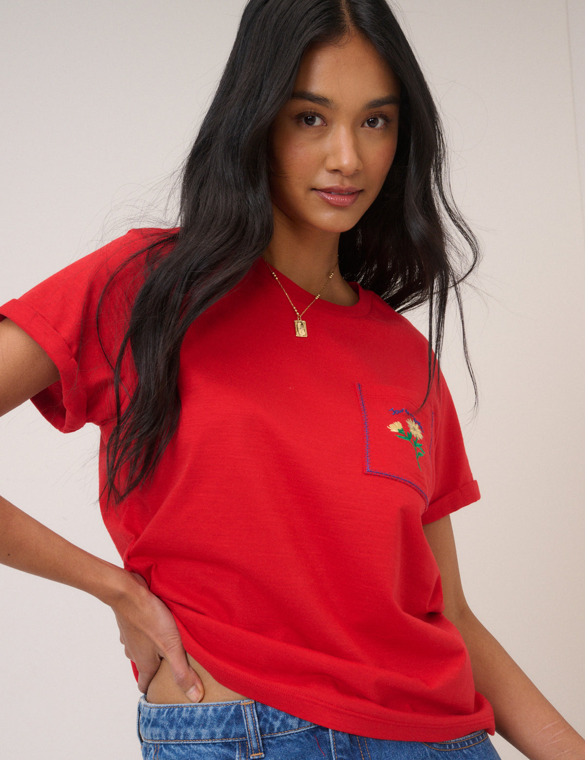 Red Embroidered Pocket T-Shirt