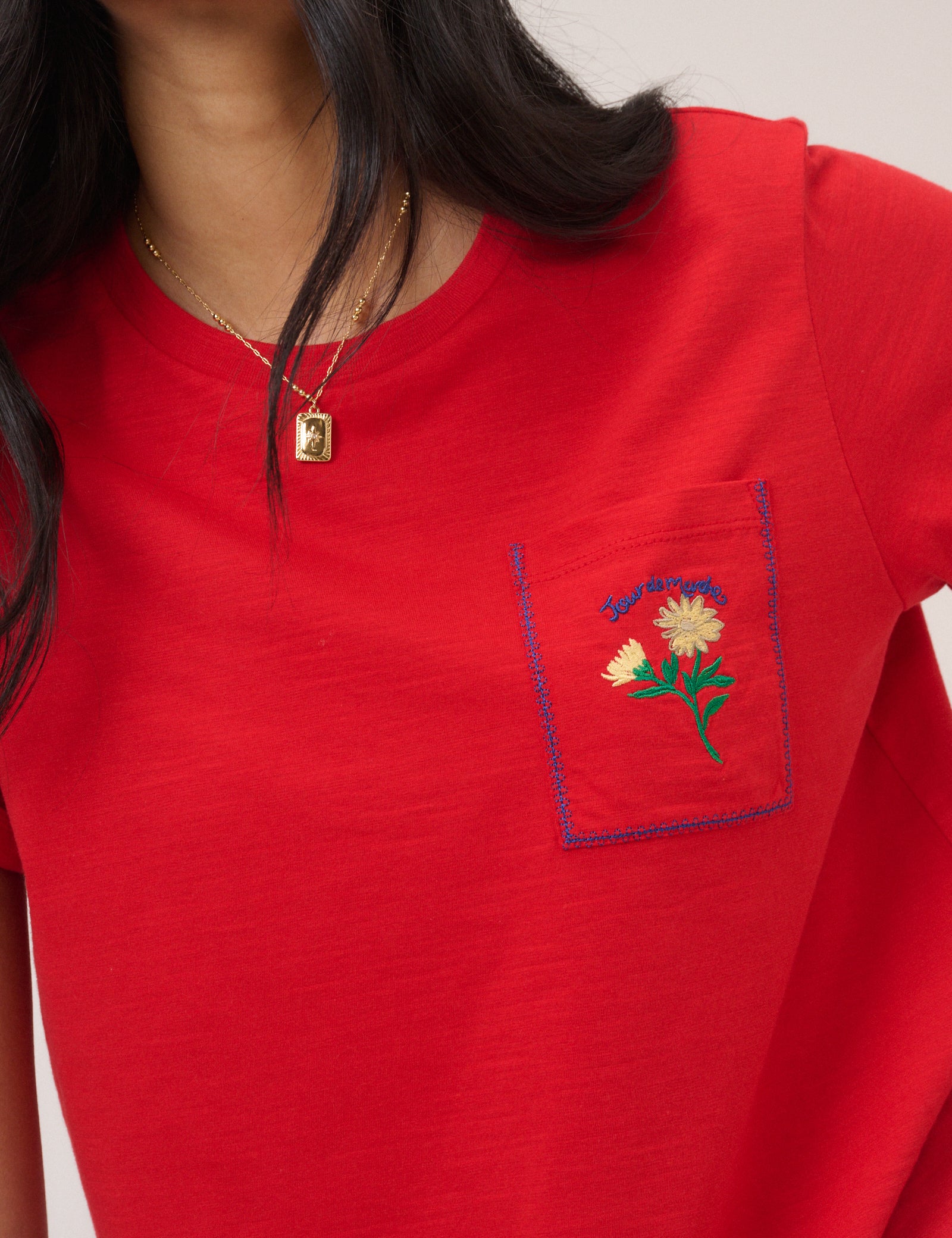 Red Embroidered Pocket T-Shirt