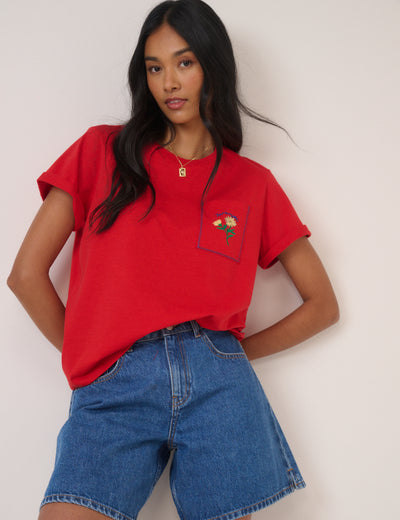 Red Embroidered Pocket T-Shirt