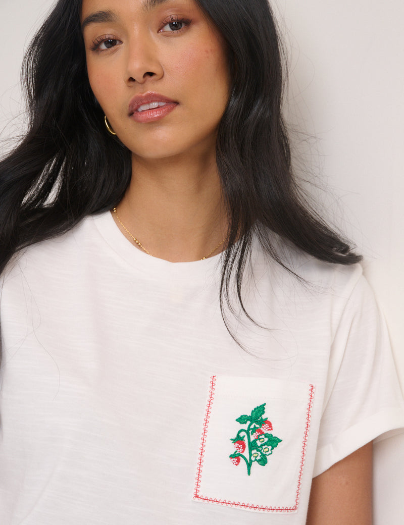 White Embroidered Pocket T-Shirt