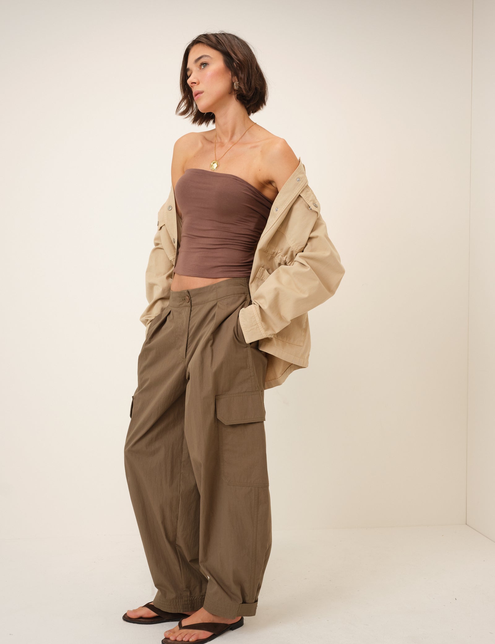Khaki Barrel Leg Cargo Trousers