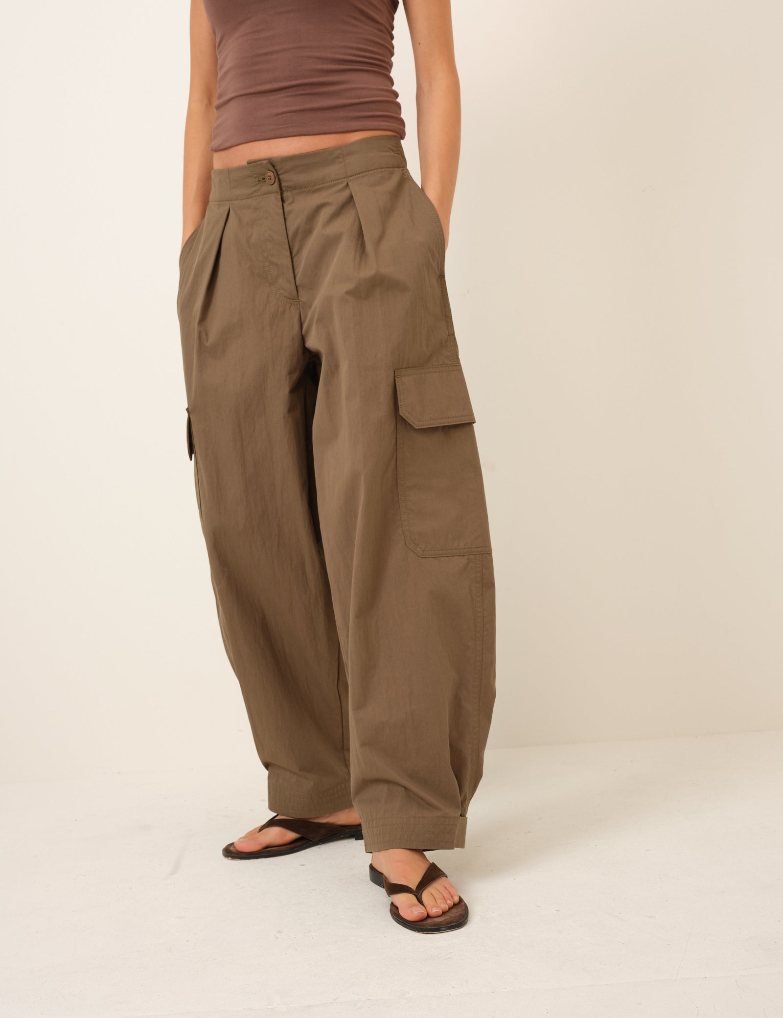 Khaki Barrel Leg Cargo Trousers
