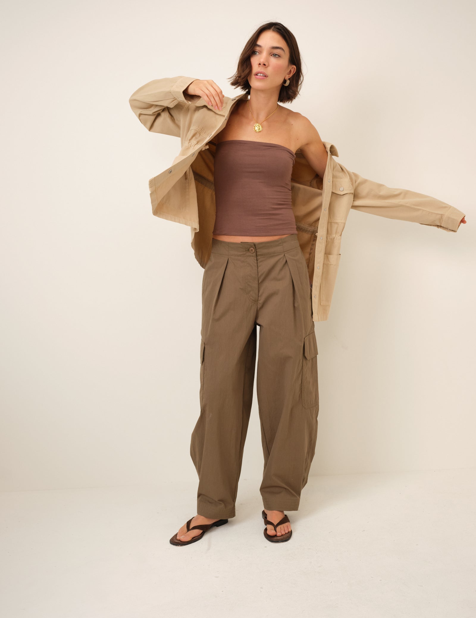 Khaki Barrel Leg Cargo Trousers