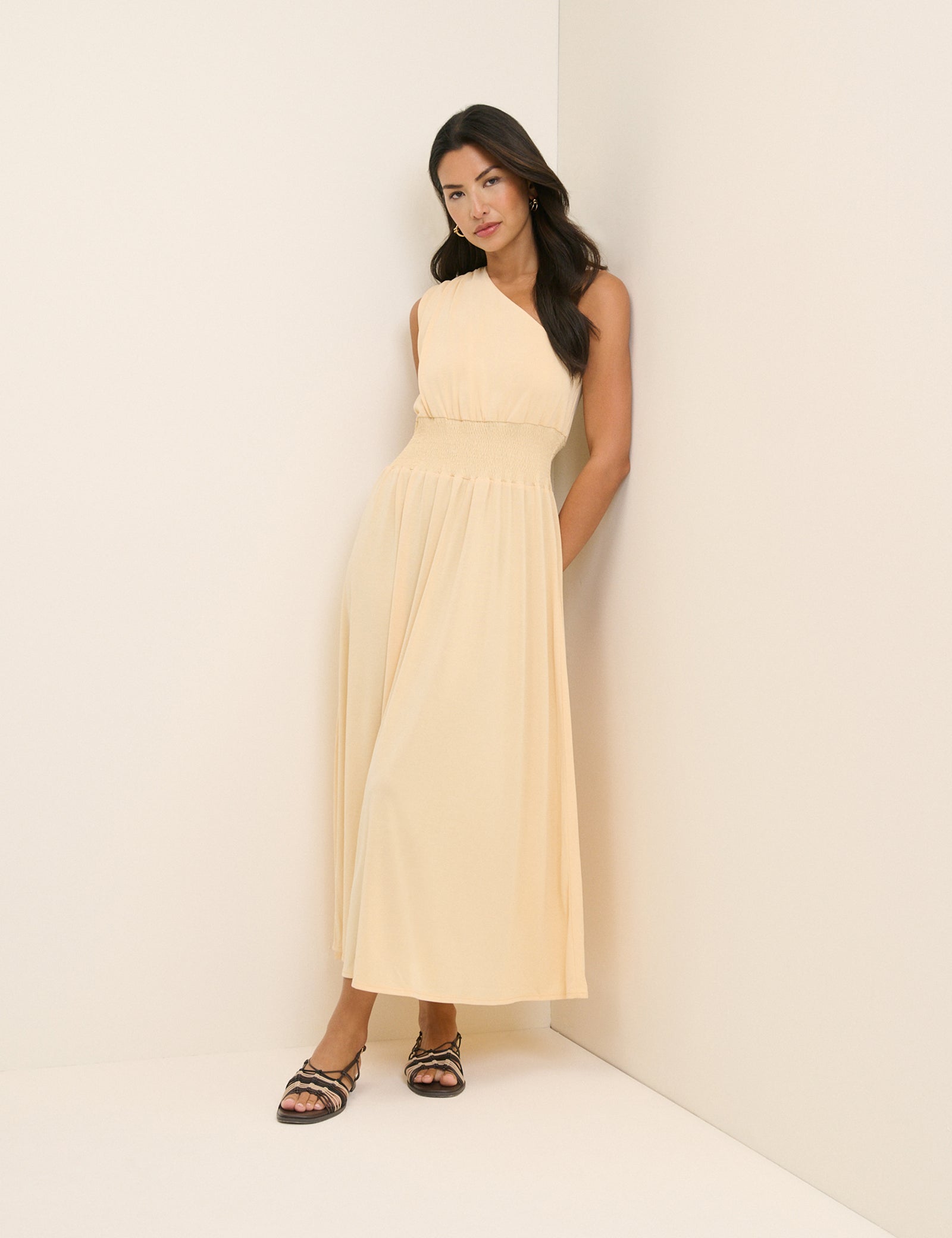 Butter Yellow One Shoulder Lorena Jersey Midi Dress