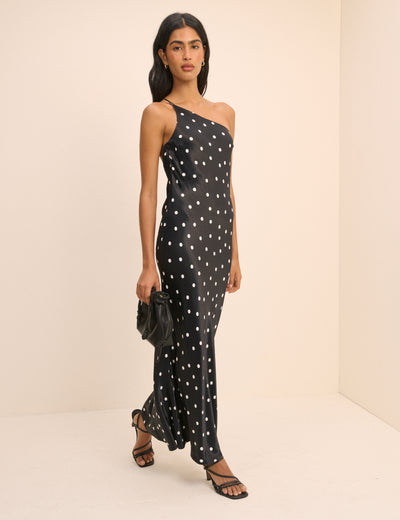 Black Polka Dot Satin Pia Maxi Dress