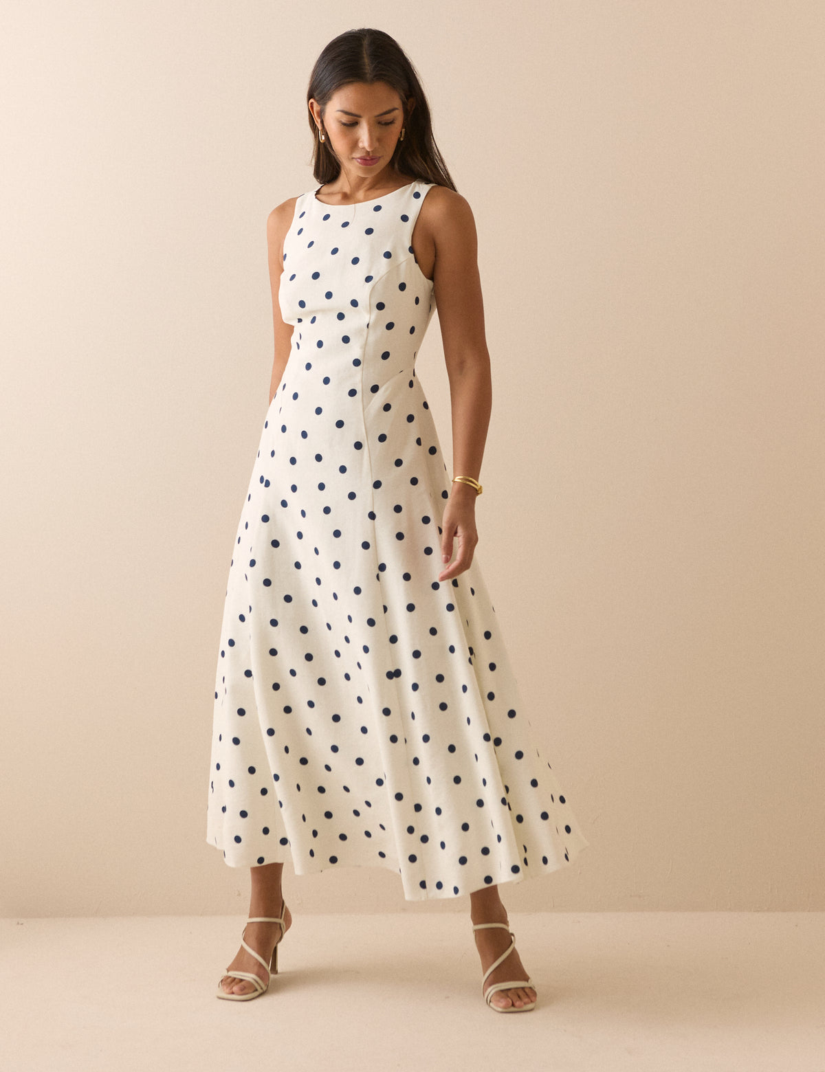 White and Navy Polka Dot Reign Midi Dress