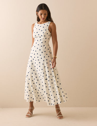 White and Navy Polka Dot Reign Midi Dress