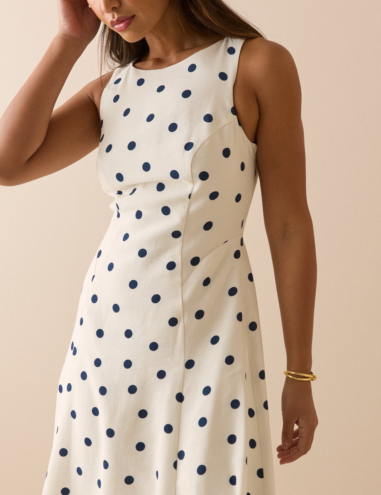 White and Navy Polka Dot Reign Midi Dress