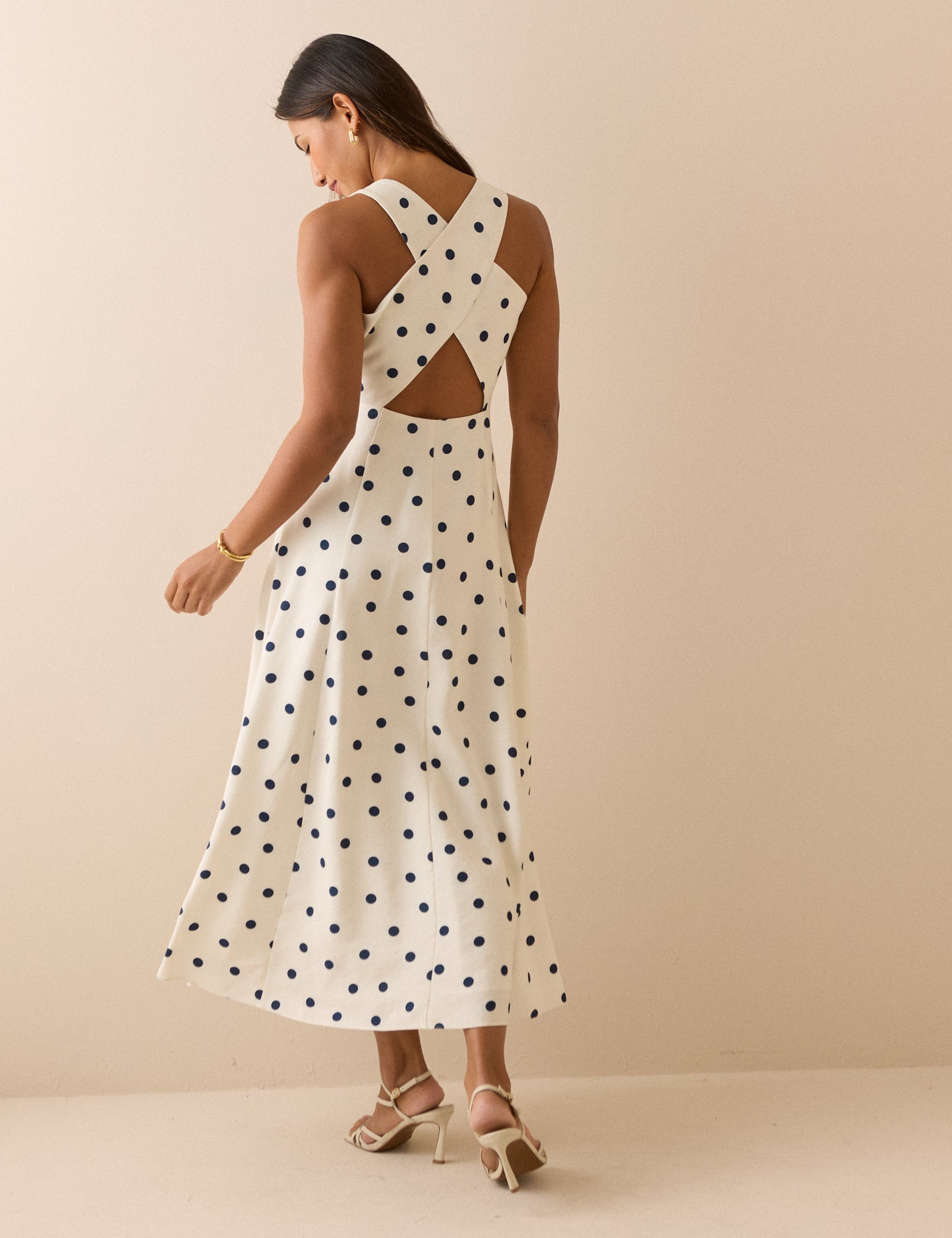 White and Navy Polka Dot Reign Midi Dress