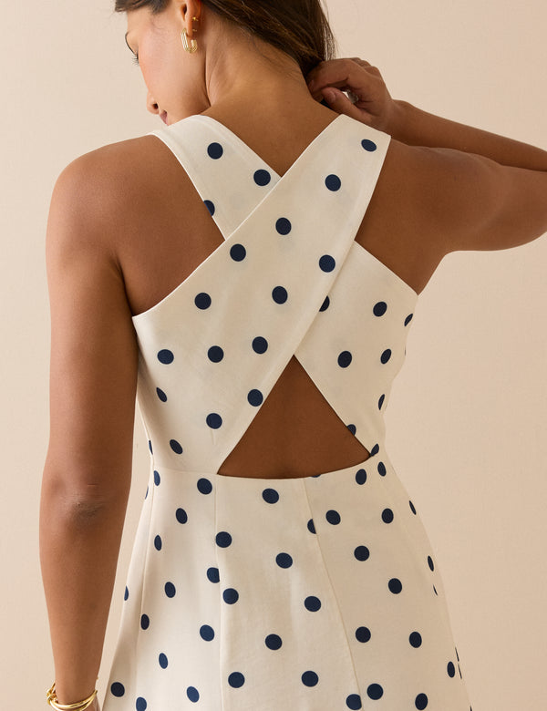 White and Navy Polka Dot Reign Midi Dress