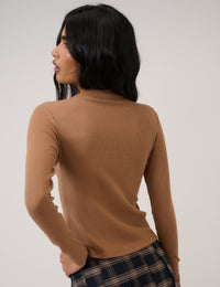Brown High Neck Ribbed Top