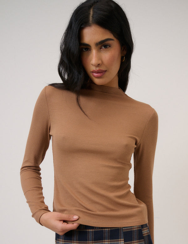 Brown High Neck Ribbed Top