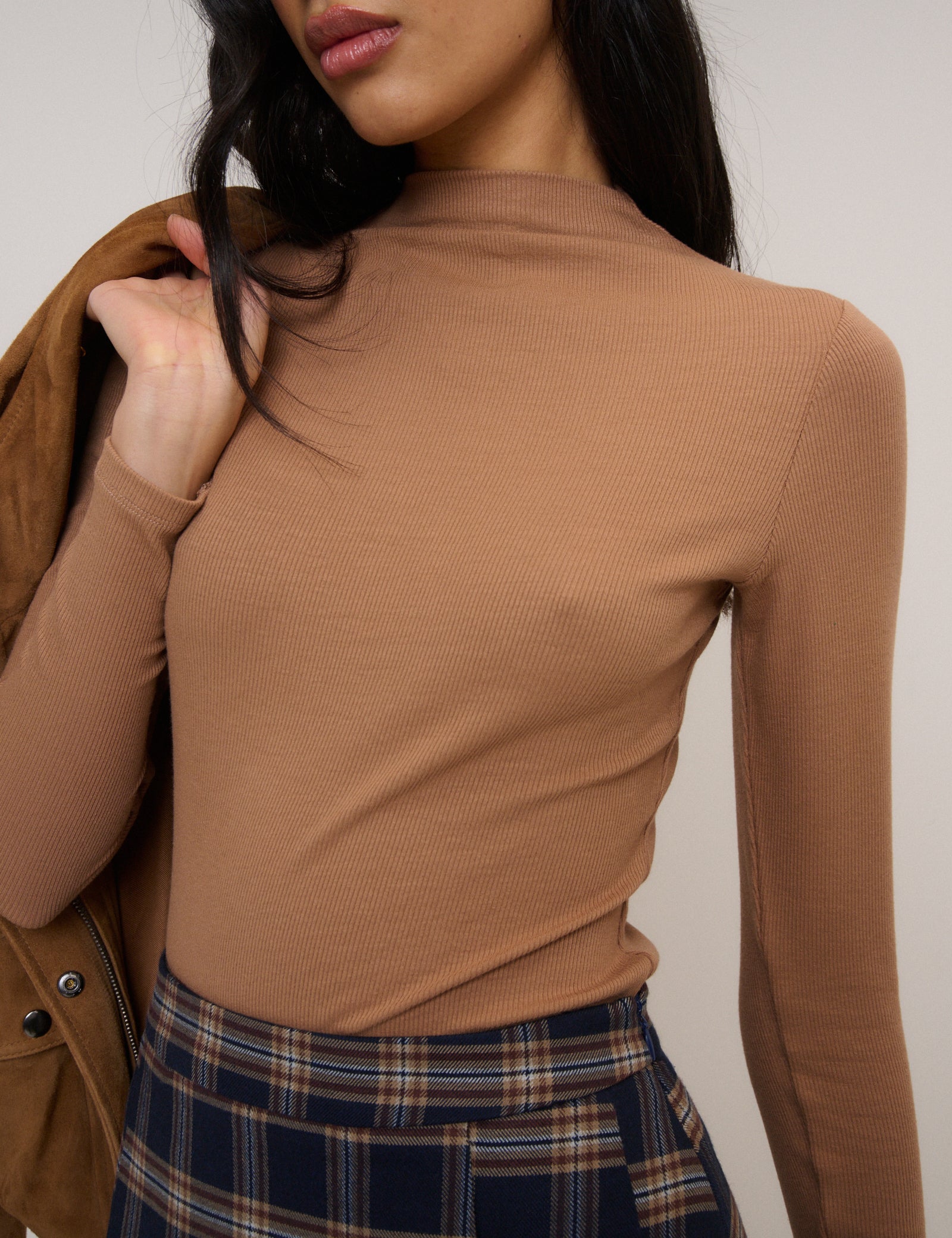 Brown High Neck Ribbed Top