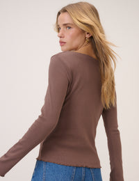 Brown Boat Neck Frill Ribbed Top