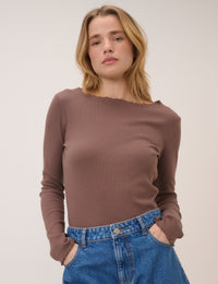 Brown Boat Neck Frill Ribbed Top