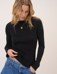 Black Boat Neck Frill Ribbed Top