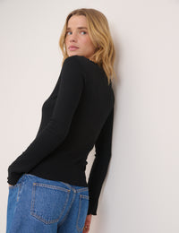 Black Boat Neck Frill Ribbed Top