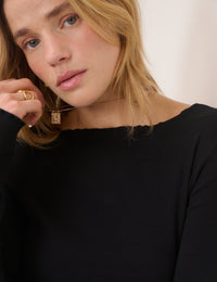 Black Boat Neck Frill Ribbed Top