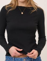 Black Boat Neck Frill Ribbed Top