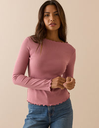 Pink Ribbed Boat Neck Top