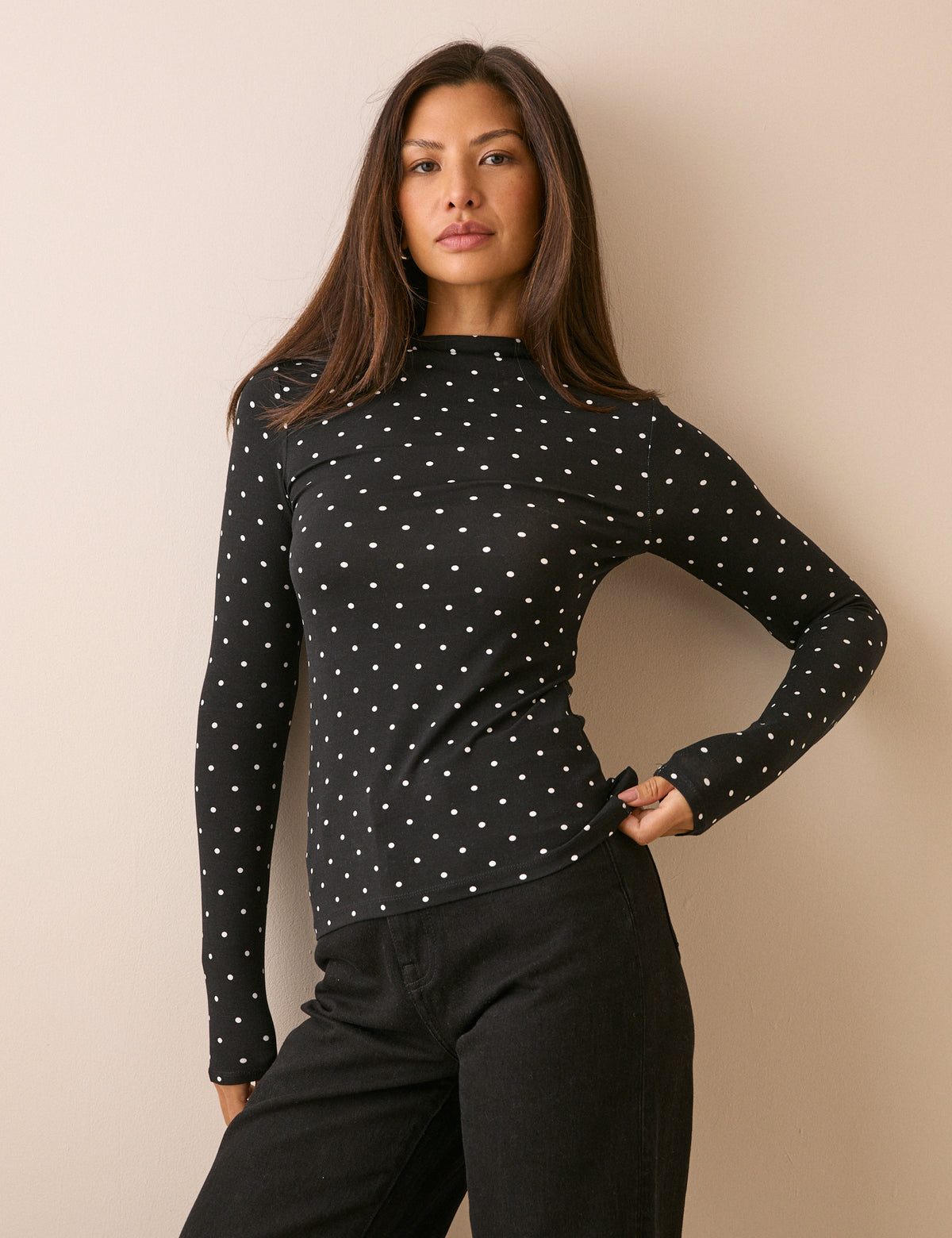 Black Polka Dot Boat Neck Jersey Top
