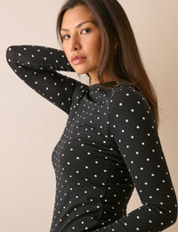 Black Polka Dot Boat Neck Jersey Top