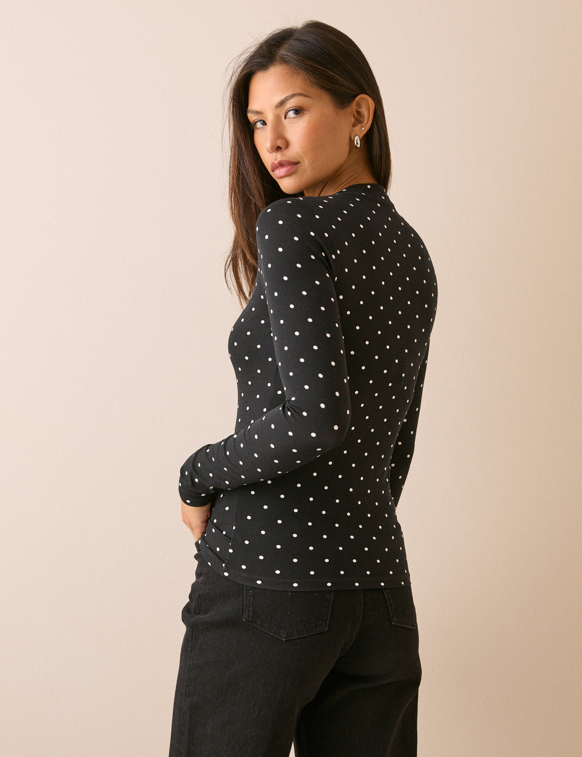 Black Polka Dot Boat Neck Jersey Top