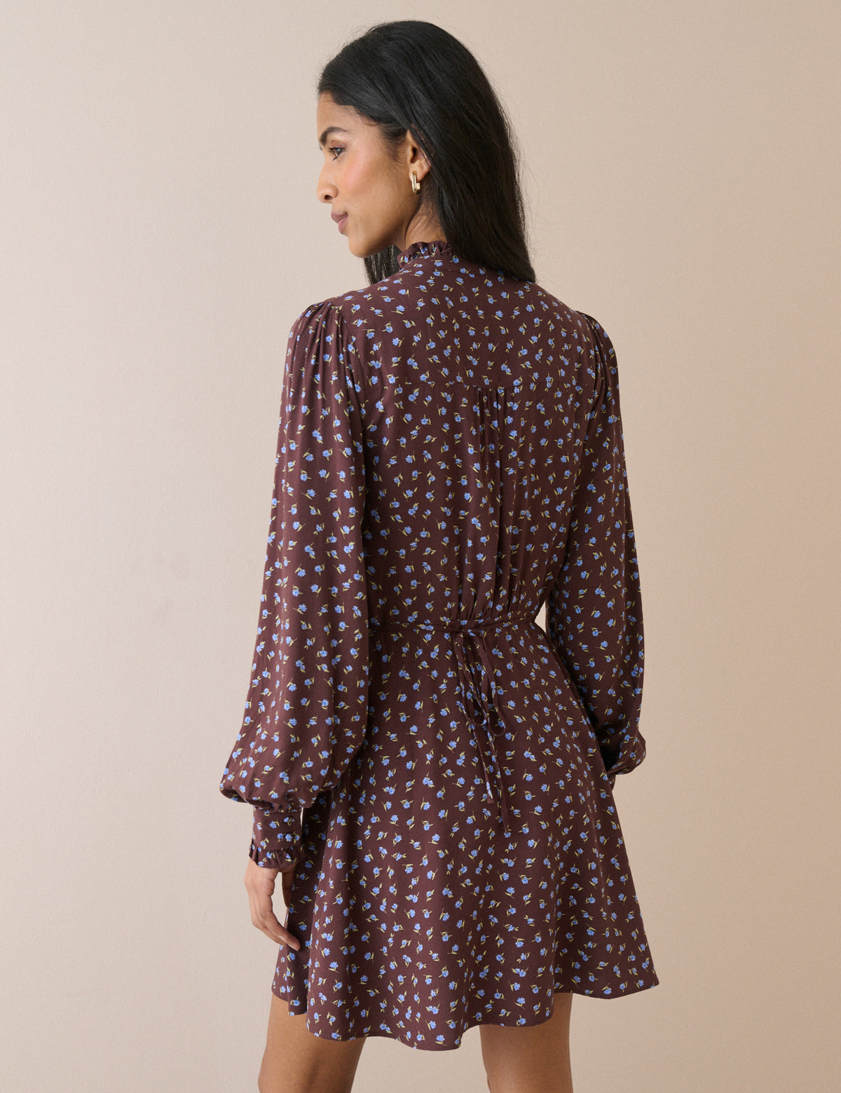 Brown Ditsy Floral Button Front Gabi Mini Dress
