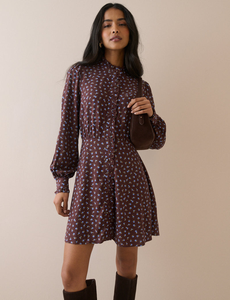 Brown Ditsy Floral Button Front Gabi Mini Dress