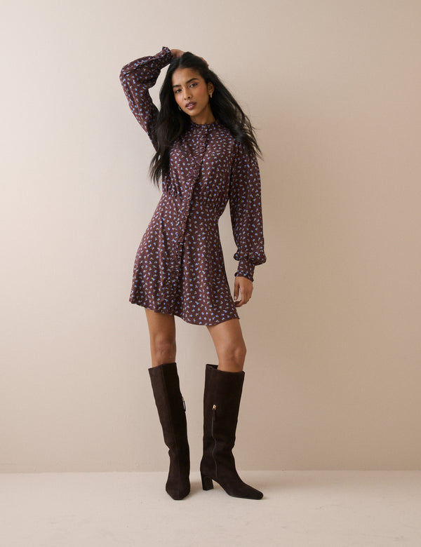 Brown Ditsy Floral Button Front Gabi Mini Dress