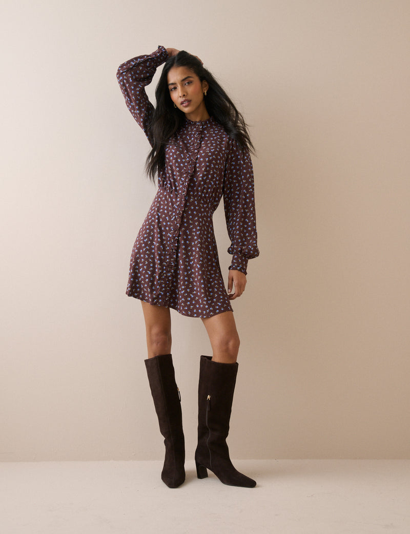 Brown Ditsy Floral Button Front Gabi Mini Dress