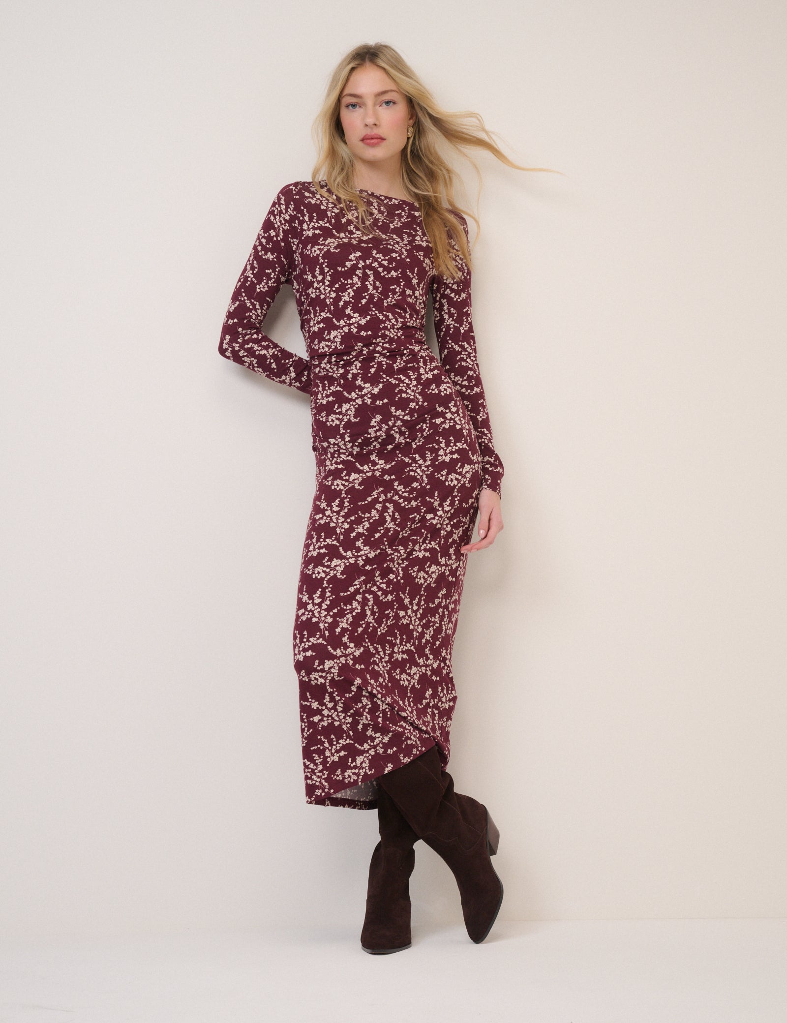Burgundy Floral Long Sleeve Laurella Jersey Midi Dress Burgundy Floral Long Sleeve Laurella Jersey Midi Dress