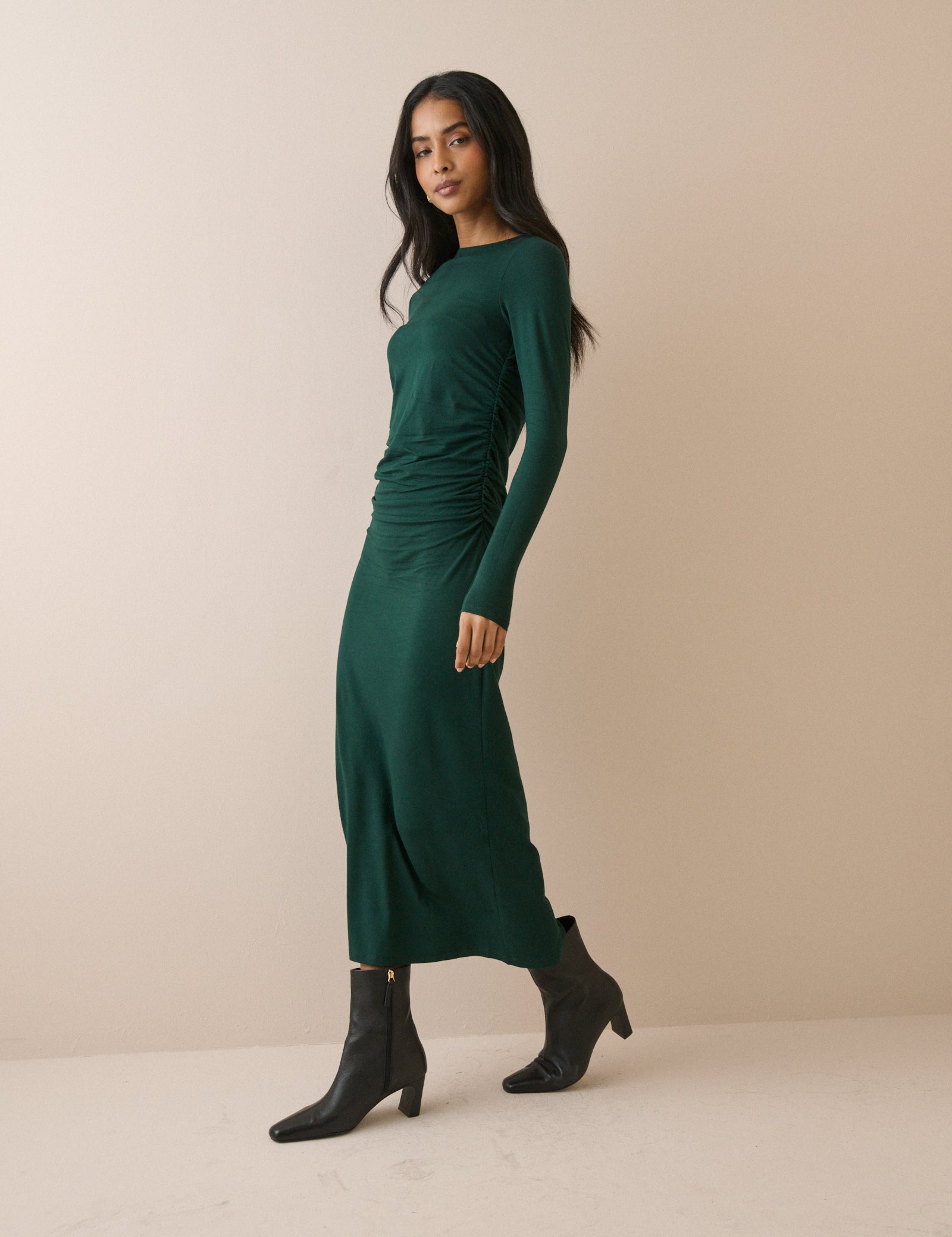 Green Ruched Jersey Laurella Midi Dress