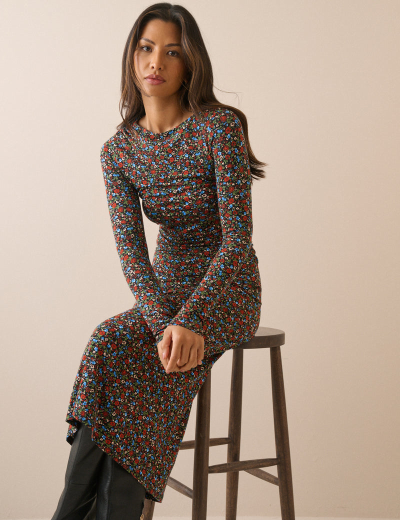 Black Ditsy Floral Jersey Laurella Midi Dress