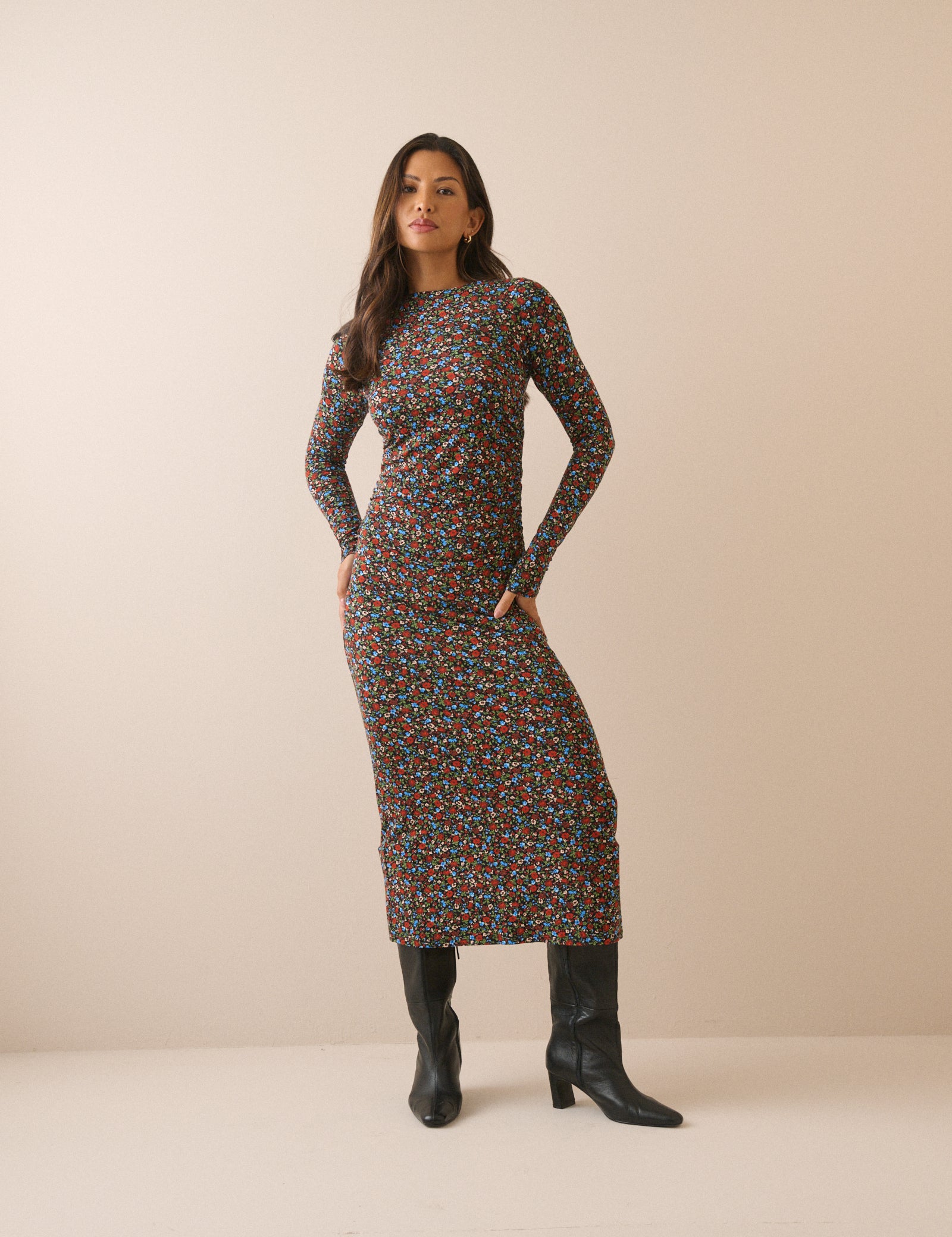 Black Ditsy Floral Jersey Laurella Midi Dress