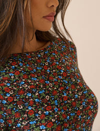 Black Ditsy Floral Jersey Laurella Midi Dress